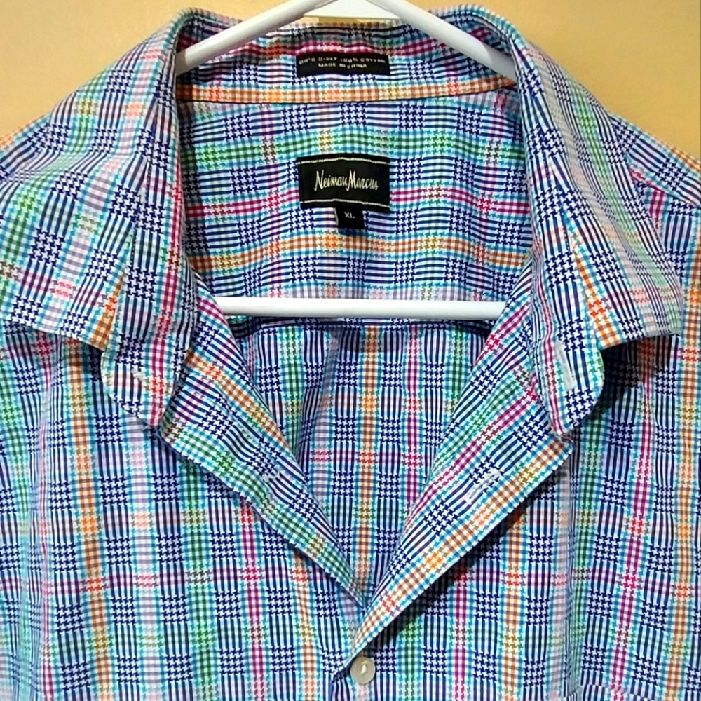 Neiman Marcus Rainbow Plaid Short Sleeve Shirt